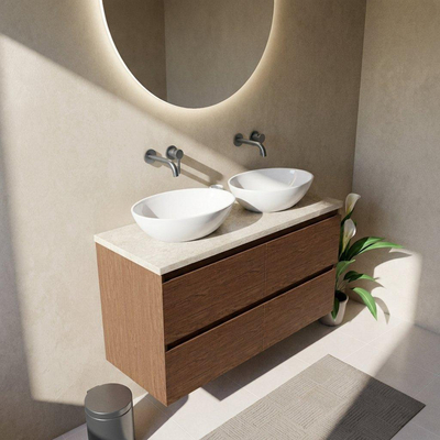 Saniclass Holz Pure Ensemble de meubles de salle de bains - 120x45x63cm - Plan de travail en pierre naturelle travertin - sans trou de robinet - 4 tiroirs - walnut pure mat (bois)