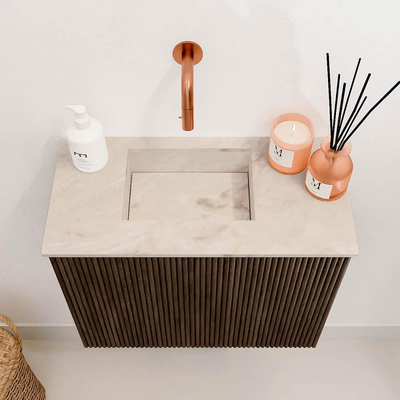 Mondiaz JOYA-DLUX 50cm meuble de toilette - couleur Walnut - Vasque FAYE position Gauche Sans trou de robinet couleur Frappe.