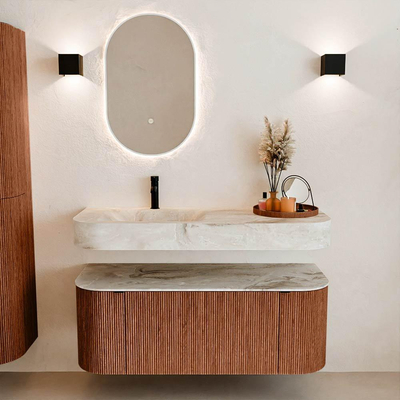 MONDIAZ THOR-DLUX 120cm meuble de salle de bains arrondi gauche + droite couleur Ruby avec 1 tiroir et 2 portes. Vasque suspendue CLOUD Gauche 1 trou de robinet couleur Frappe.