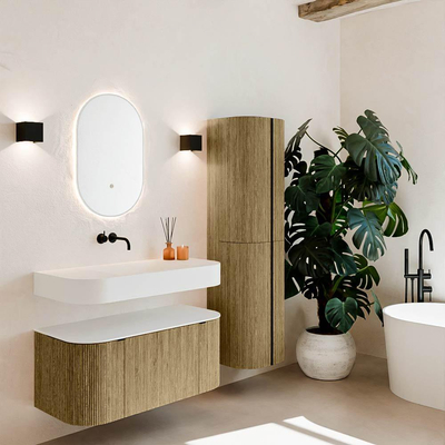 MONDIAZ THOR 100cm meuble de salle de bains arrondi gauche + droite couleur Dusk avec 1 tiroir et 2 portes. Vasque suspendue CLOUD Centre sans trou de robinet couleur Talc.