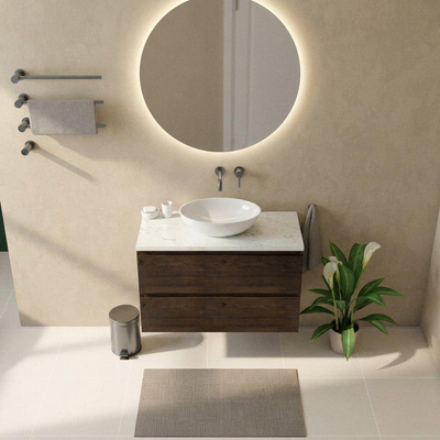 Saniclass Holz Pure Ensemble meuble de salle de bains - 100x45x63cm - Plan vasque en marbre Dia poli (blanc) - sans trou de robinetterie - 2 tiroirs - chêne charcoal mat (bois)