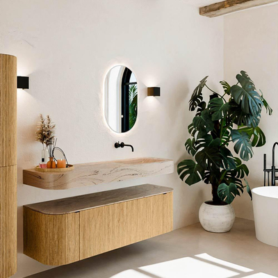 MONDIAZ THOR-DLUX 150cm meuble de salle de bains arrondi gauche + droite couleur Oak avec 1 tiroir et 2 portes. Vasque suspendue CLOUD droite sans trou de robinet couleur Arena.