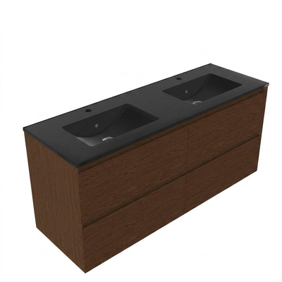 Saniclass Holz Pure Ensemble de meubles de salle de bains - 140x45x62cm - Vasque en céramique Vygo noire - 2 vasques - 2 trous de robinetterie - 4 tiroirs - walnut pure mat (bois)