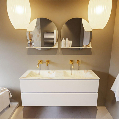 MONDIAZ VICA-DLUX Ensemble meuble de salle de bains - 130cm - armoire bas Talc - 2 tiroirs - lavabo encastré Cloud double - sans trous de robinet - version haute 60cm - Frappe