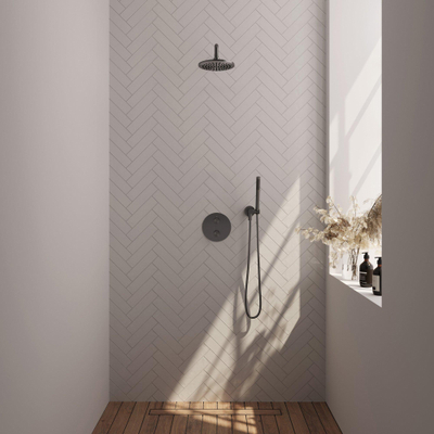 BRAUER Douche à l'italienne thermostatique Gunmetal Carving - 3 voies - rond - set 75 - douche principale de 20 cm - bras de mur courbé - douchette à main - flexible de douche - coude mural - gunmetal brossé PVD