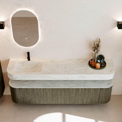 MONDIAZ THOR-DLUX 190cm meuble de salle de bains arrondi gauche + droite couleur Shadow avec 2 tiroirs et 2 portes. Vasque suspendue CLOUD Gauche 1 trou de robinet couleur Opalo.