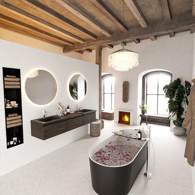 MONDIAZ BUKLA 180cm badmeubel met module 60 kleur Dark Brown met 3 lades. Wastafel CLOUD dubbel 2 kraangaten kleur Urban.
