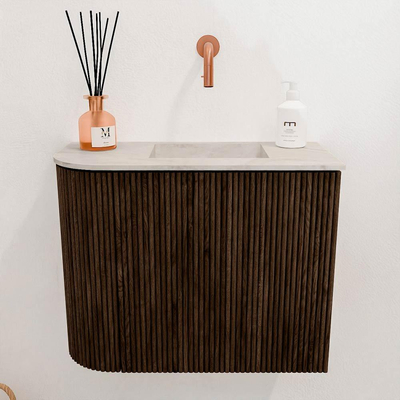 Mondiaz JOYA-DLUX 51.6cm toiletmeubel - ronding links kleur Walnut - Wastafel FAYE positie Rechts Zonder kraangat kleur Ostra.