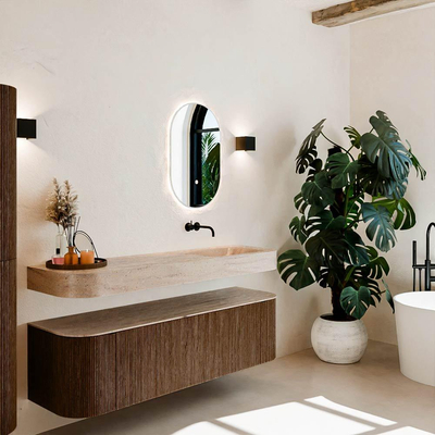 MONDIAZ THOR-DLUX 160cm meuble de salle de bains arrondi gauche + droite couleur Walnut avec 1 tiroir et 2 portes. Vasque suspendue CLOUD droite sans trou de robinet couleur Saba.