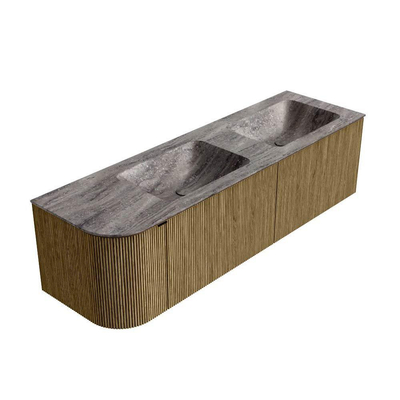 MONDIAZ KURVE-DLUX Meuble de salle de bains 155cm arrondi à gauche couleur Dusk avec 2 tiroirs et 1 porte. Lavabo LEAF Double / 2 trous de robinet à droite Oza.