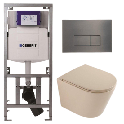QeramiQ Dely Pack WC - 36,3x51,7cm - à fond creux - sans bride - réservoir encastré Geberit UP320 - abattant WC à fermeture douce - plaque de commande gunmetal - boutons rectangulaires - beige mat