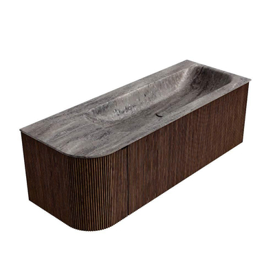 MONDIAZ KURVE-DLUX Meuble de salle de bains 125cm arrondi à gauche couleur Walnut avec 1 tiroir et 1 porte. Lavabo BIG MEDIUM à droite sans trou de robinet Oza.