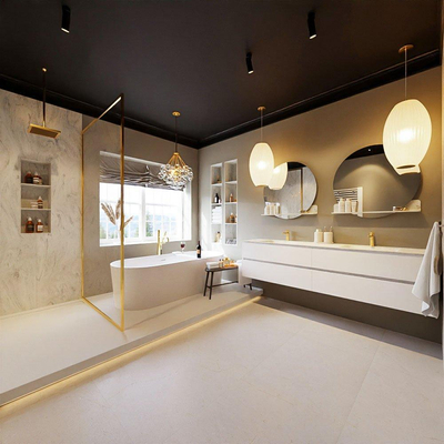 MONDIAZ VICA-DLUX Ensemble meuble de salle de bains - 200cm - meuble bas talc - 4 tiroirs - lavabo encastré cloud double - 2 trous de robinet - version haute 60cm - opalo