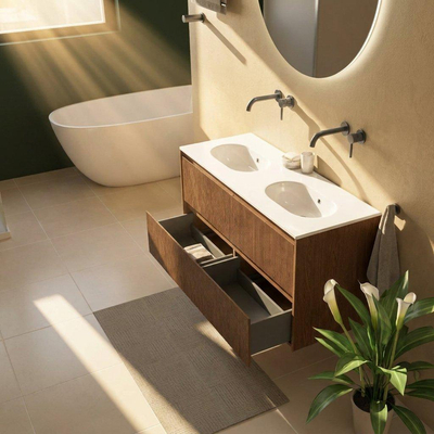 Saniclass Holz Atelier Ensemble de meubles de salle de bains - 120x45x74cm - lavabo Chaci en céramique blanc - 2 vasques - sans trous de robinetterie - 2 tiroirs - walnut pure mat (bois)