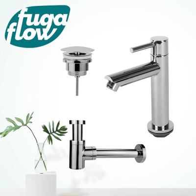 FugaFlow Eccelente Sobrado Badkamer fonteinkraanset met staande fonteinkraan laag, always open plug en design sifon Chroom