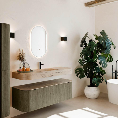 MONDIAZ THOR-DLUX 140cm meuble de salle de bains arrondi gauche + droite couleur Shadow avec 1 tiroir et 2 portes. Vasque suspendue CLOUD Milieu 1 trou de robinet couleur Arena.