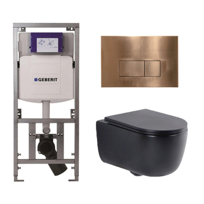 QeramiQ Dely Swirl Toiletset - 36.3x51.7cm - Geberit UP320 inbouwreservoir - met Burda frame - slim zitting - koperen bedieningsplaat - rechthoekige knoppen - mat zwart
