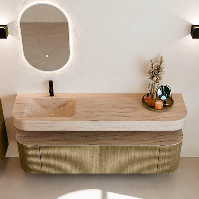 MONDIAZ THOR-DLUX 170cm meuble de salle de bains arrondi gauche + droite couleur Dusk avec 1 tiroir et 2 portes. Vasque suspendue CLOUD gauche 1 trou de robinet couleur Saba.