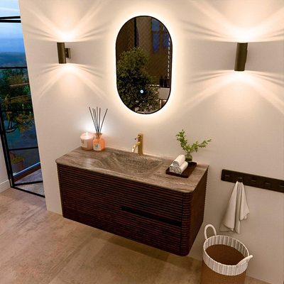 Mondiaz CIRO-DLUX Badkamermeubelset - 110x45x50cm - Solid surface wastafel Oza - 1 wasbak Midden - 1 kraangat - 2 lades - Walnut