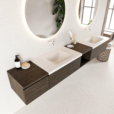 Mondiaz BUKLA badkamermeubelset 240x45x34cm 0 kraangaten 2 wasbakken solid surface Talc greeploos 3 lades met softclose Melamine Dark brown