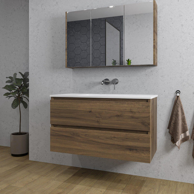 Saniclass Chaci Meuble de salle de bain - 100x46x55cm - lavabo en céramique blanc - 1 vasque - sans trous de robinet - 2 tiroirs - armoire miroir - noyer (hout)
