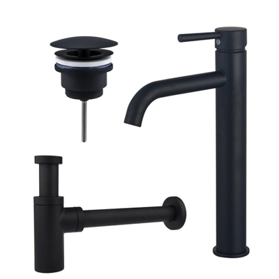 FugaFlow Eccelente Sobrado Kit mitigeur lavabo - robinet rehaussé - bonde nonobturable - siphon design - Noir mat