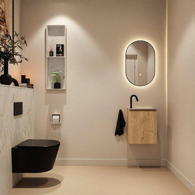 MONDIAZ TURE-DLUX Meuble toilette - 40cm - Washed Oak - EDEN - vasque Opalo - position droite - 1 trou de robinet