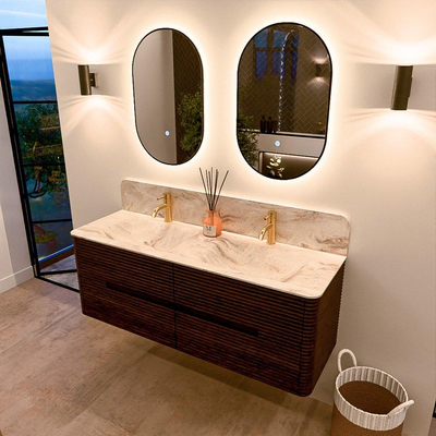 Mondiaz CIRO-DLUX Meuble de salle de bains - 140x45x50cm - Plan vasque solid surface Frappe - 2 vasques double - 2 trous de robinetterie - 4 tiroirs - Noyer
