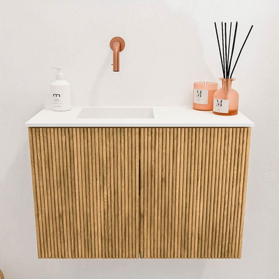 Mondiaz JOYA 60cm toiletmeubel - kleur Oak - Wastafel FAYE positie Links Zonder kraangat kleur Talc.