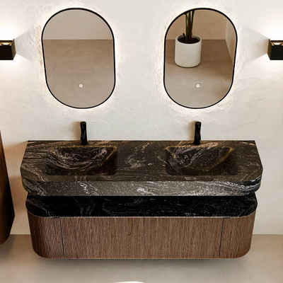 MONDIAZ THOR-DLUX 160cm badmeubel ronding links + rechts kleur Walnut met 1 lade en 2 deuren. Vrijhangende wastafel CLOUD Dubbel 2 kraangaten kleur Lava.
