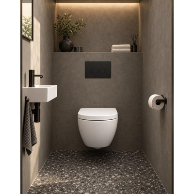 QeramiQ Dely Swirl Compact Toiletset - inbouwreservoir QeramiQ flush - 25mm zitting - kunststof bedieningsplaat mat zwart - ronde knoppen - glans wit