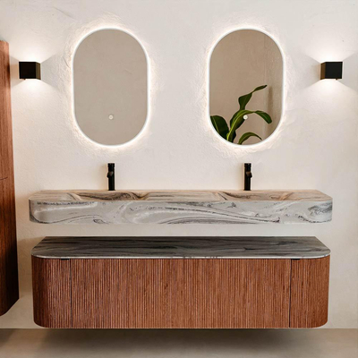 MONDIAZ THOR-DLUX Meuble de salle de bains 170cm arrondi gauche + droite couleur Ruby avec 1 tiroir et 2 portes. Vasque suspendue CLOUD Double 2 trous de robinet couleur Sombra.