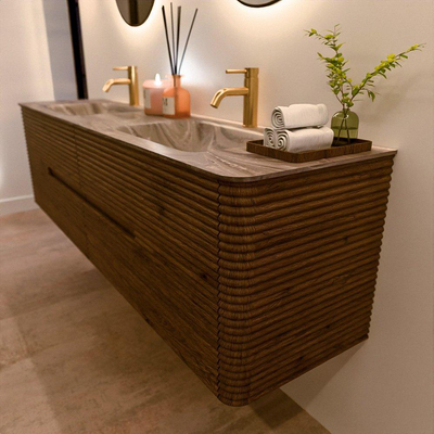 Mondiaz CIRO-DLUX Badkamermeubelset - 180x45x50cm - Solid surface wastafel Sombra - 2 wasbak Dubbel - 2 kraangaten - 4 lades - Dusk