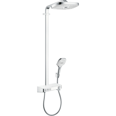 Hansgrohe Raindance Select E300 showerpipe: avec Showertablet 300 robinet thermostatique apparent avec douchette 3 jets et douche de tête 3 jets blanc/chrome