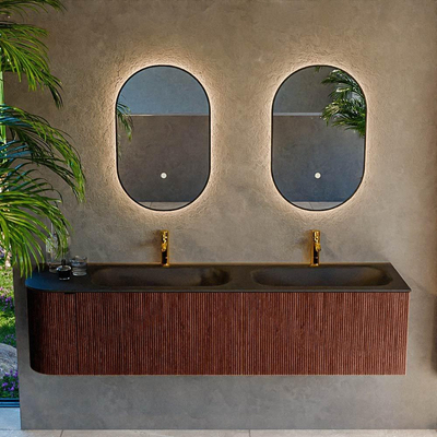 Mondiaz KURVE Ensemble de meuble salle de bain - 175x46x40cm - 2 tiroirs - 1 porte - lavabo en solid surface - double / droite - 2 trous de robinet - Ruby