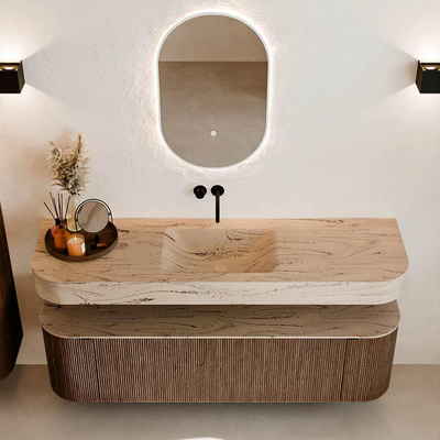MONDIAZ THOR-DLUX 160cm badmeubel ronding links + rechts kleur Walnut met 1 lade en 2 deuren. Vrijhangende wastafel CLOUD Midden zonder kraangat kleur Arena.