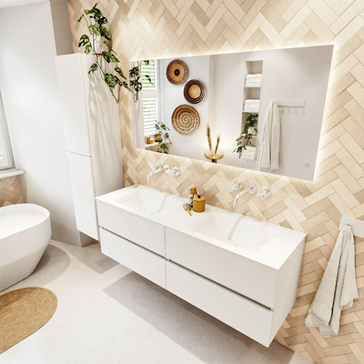 MONDIAZ VICA meuble sous lavabo 150cm Talc 4 tiroirs. Lavabo CLOUD double sans trou de robinet, couleur Talc.
