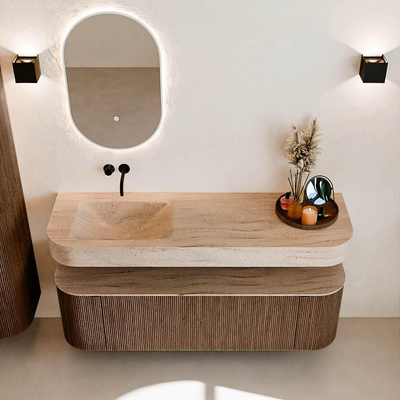 MONDIAZ THOR-DLUX 150cm badmeubel ronding links + rechts kleur Walnut met 1 lade en 2 deuren. Vrijhangende wastafel CLOUD Links zonder kraangat kleur Saba.