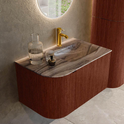 MONDIAZ KURVE-DLUX 75cm badmeubel ronding Links kleur Ruby met 1 lade en 1 deur. Wastafel GRUNNE Rechts 1 kraangat Sombra.
