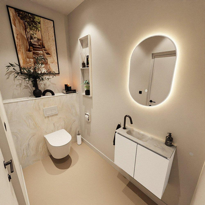 MONDIAZ TURE-DLUX Meuble toilette - 60cm - Talc - EDEN - vasque Ostra - position gauche - 1 trou de robinet