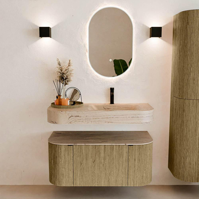 MONDIAZ THOR-DLUX 100cm meuble de salle de bains arrondi gauche + droite couleur Dusk avec 1 tiroir et 2 portes. Vasque suspendue CLOUD Droite 1 trou de robinet couleur Arena.