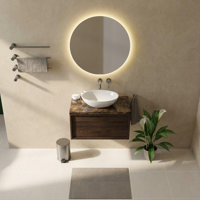 Saniclass Holz Frame Ensemble de meubles de salle de bains - 80x45x43cm - Plan de toilette en pierre naturelle Noche dark emperador - sans trou de robinet - 1 tiroir - chêne charcoal mat (bois)