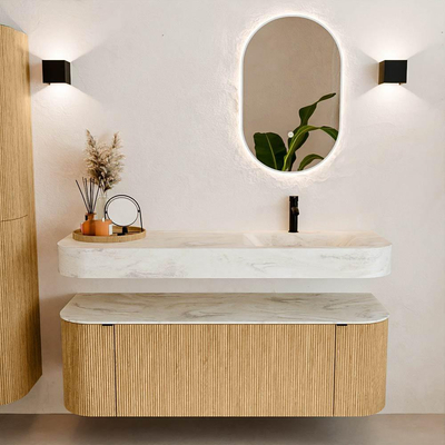 MONDIAZ THOR-DLUX 140cm badmeubel ronding links + rechts kleur Oak met 1 lade en 2 deuren. Vrijhangende wastafel CLOUD Rechts 1 kraangat kleur Ostra.