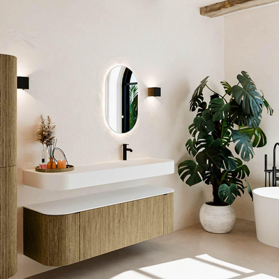 MONDIAZ THOR 150cm meuble de salle de bains arrondi gauche + droite couleur Dusk avec 1 tiroir et 2 portes. Vasque suspendue CLOUD Droite 1 trou de robinet couleur Talc.