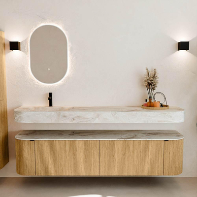 MONDIAZ THOR-DLUX Meuble de salle de bains 190cm arrondi gauche + droite couleur Oak avec 2 tiroirs et 2 portes. Vasque suspendue CLOUD Gauche 1 trou de robinet couleur Frappe.