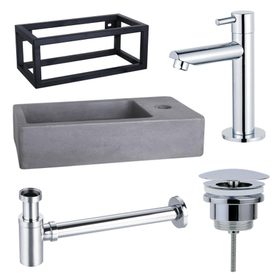 Fortifura Fuente Fonteinset - 40x22x23.5cm - 1 kraangat - zwart frame - fonteinkraan chroom - beton - beton (grijs)