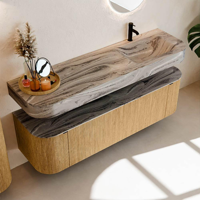 MONDIAZ THOR-DLUX 160cm meuble de salle de bains arrondi gauche + droite couleur Oak avec 1 tiroir et 2 portes. Vasque suspendue CLOUD Droite 1 trou de robinet couleur Sombra.