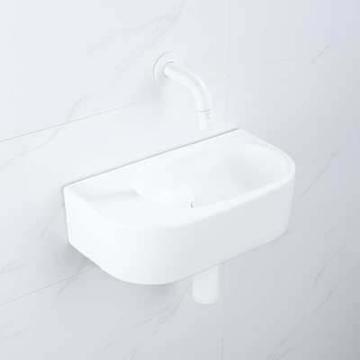 QeramiQ Fuente Ensemble de Lavabo - 40x21.5x12cm - lisse - demi-rond - céramique - ensemble de robinet blanc mat - bouchon de vidange - siphon abaissé - blanc mat