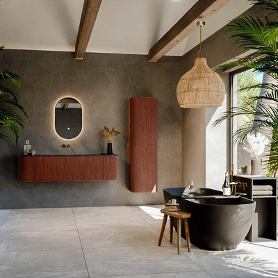 Mondiaz KURVE-DLUX Ensemble de meuble salle de bain - 160x46x40cm - 1 tiroir - 2 portes - lavabo en solid surface - milieu - sans trou de robinet - Ruby