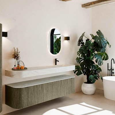 MONDIAZ THOR-DLUX 180cm meuble de salle de bains arrondi gauche + droite couleur Shadow avec 2 tiroirs et 2 portes. Vasque suspendue CLOUD Droite 1 trou de robinet couleur Opalo.